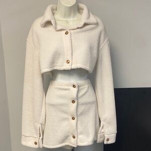 Women's Cream Cropped Jacket And Skirt